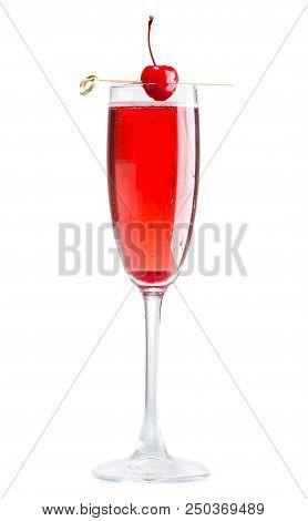 Cocktail Kir Royal With Cherries Isolated On White