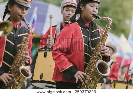 Kanchanaburi Thailand - July 18 :   Thai School Marching Band On Street, In Athletic Game Opening Da