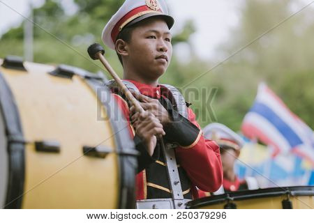 Kanchanaburi Thailand - July 18 :   Thai School Marching Band On Street, In Athletic Game Opening Da