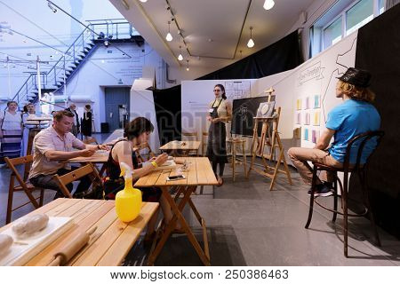 ST. PETERSBURG, RUSSIA - JULY 15, 2018: Master class in the museum workshop of sculptor Mikhail Anikushin during the opening of festival Laboratory Of Sculpture. The festival includes the battles too