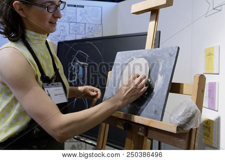 ST. PETERSBURG, RUSSIA - JULY 15, 2018: Master class in the museum workshop of sculptor Mikhail Anikushin during the opening of festival Laboratory Of Sculpture. The festival includes the battles too
