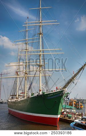Hamburg, Germany - July 28, 2014: View Of Sailing Ship Rickmer Rickmers And The Rickmer Rickmers Is 