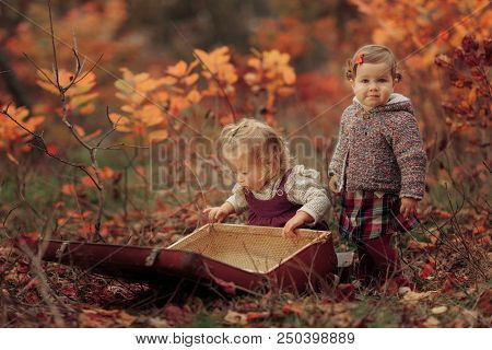 Two Little Cute Little Girls In An Autumn Park Look In A Retro Suitcase