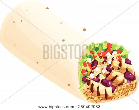 Mexican Burrito With Grilled Chicken, Beans, Rice, Lettuce, Tomatoes, And Onions. Isolated Vector Il