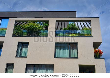 Uherske Hradiste,  Czech Republic - July 13, 2018: Modern Architecture. Urban Terrace With Flowers A