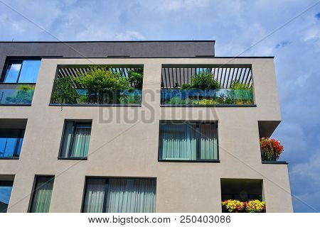 Uherske Hradiste,  Czech Republic - July 13, 2018: Modern Architecture. Urban Terrace With Flowers A
