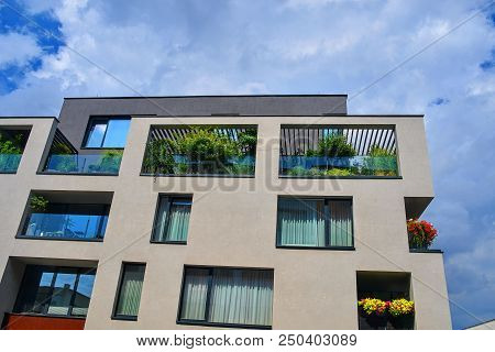 Uherske Hradiste,  Czech Republic - July 13, 2018: Modern Architecture. Urban Terrace With Flowers A