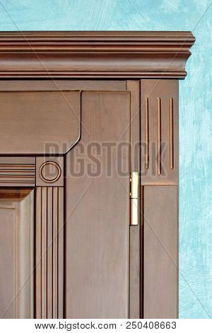 Element Of Wooden Door In Frame Of Brown Wood Carved Geometric Ornaments Classical Style With Gilded