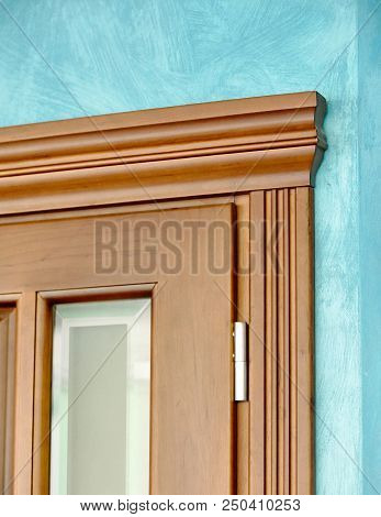 Element Of Wooden Door In Frame Of Brown Wood Carved Geometric Ornaments Classical Style With Silver
