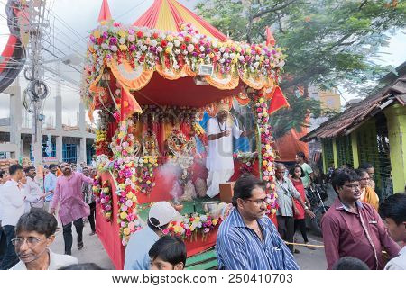 Howrah, West Bengal , India - July 14th 2018 : Devotees Dragging Ropes Of Rath (chariot) Of God Jaga