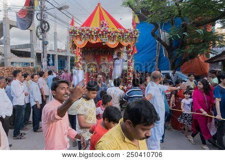 Howrah, West Bengal , India - July 14th 2018 : Devotees Dragging Ropes Of Rath (chariot) Of God Jaga