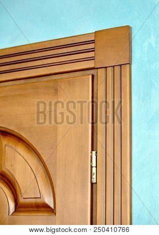 Element Of Wooden Door In Frame Of Brown Wood Carved Geometric Ornaments Classical Style With Gilded