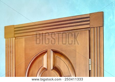 Part Of Wooden Door In Frame Of Brown Wood Carved Geometric Ornaments Classical Style With Gilded Hi