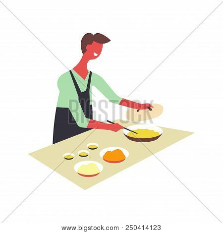 Man In Apron Cooks Food And Serves In Bowls. Male Character Prepares Dishes On Table. Guy Stir Ingre