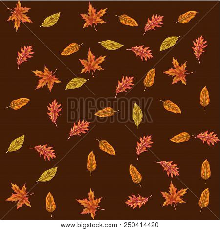 Vector Seamless Pattern With Autumn Leaves. Different Leaves On A Brown Background. Colors Of Autumn