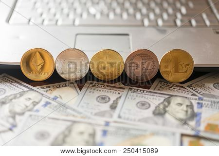 Cryptocurrency Coins - Litecoin, Bitcoin, Ethereum. Ethereum And Bitcoin Cryptocurrency On Top Of 10