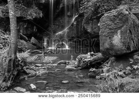 Stunning Black And White Waterfall Landscape At Roughting Linn In Northumberland National Park In En