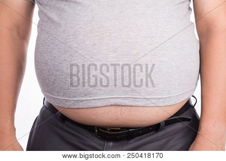 Close-up Of Man On T-shirt With Protruded Big Belly