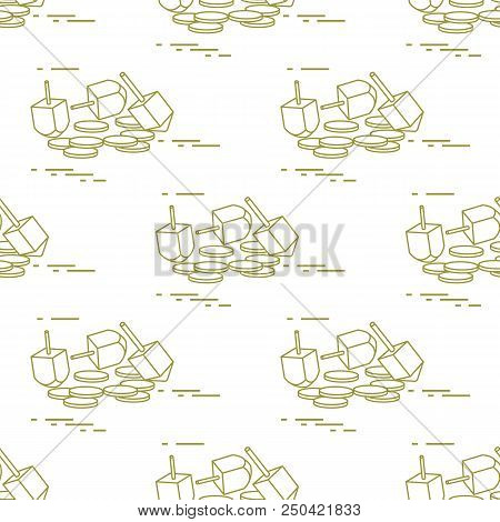 Seamless Pattern With Dreidel, Sevivon, Coins. Jewish Holiday Hanukkah. Child Game.