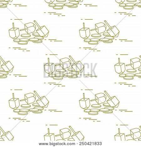 Seamless Pattern With Dreidel, Sevivon, Coins. Jewish Holiday Hanukkah. Child Game.