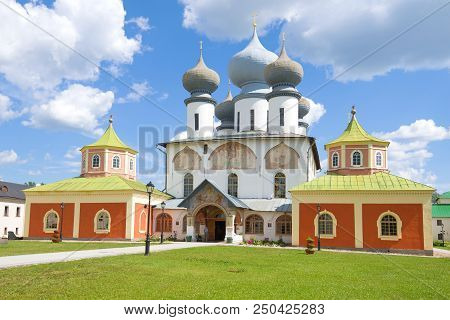 Cathedral Of The Assumption Of The Blessed Virgin Mary Close-up On A Sunny July Day. Tikhvin Assumpt