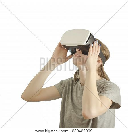Yuong Woman With Glasses Of Virtual Reality. White Background