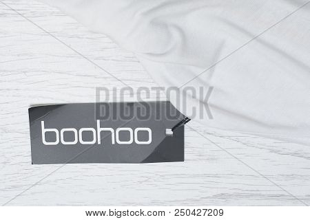 Kharkov, Ukraine- 29 June 2018: Black Tag Of White Clothes Boohoo. Close-up
