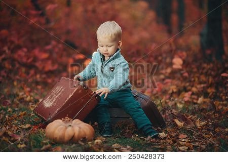 Adorable Boy Waiting For The Train With Suitcase