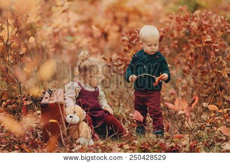 Little Cute Kids In The Autumn Park. A Boy Gives A Girl Flowers, A Romantic Couple