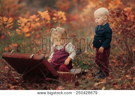 Two Little Cute Kids In An Autumn Park Look In A Retro Suitcase