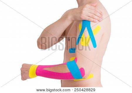 Kinesiology Taping On Human Hand, Isolated On White Background