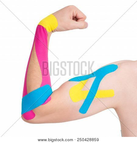 Kinesiology Taping On Human Hand, Isolated On White Background