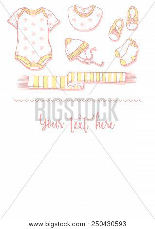 Illustration Of Baby Items For A Postcard. Baby Items For Logo Babygro, Bib, Bootee, Hat. Infant Clo
