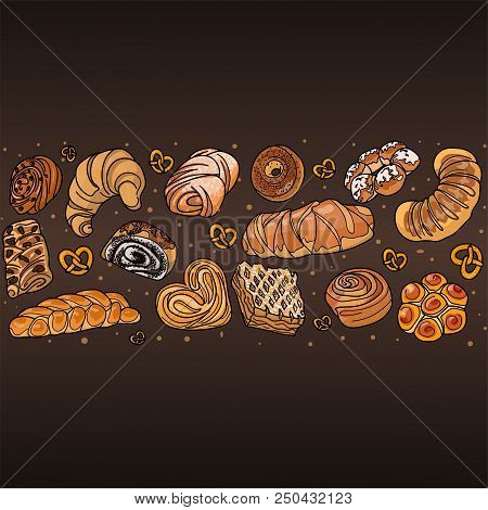 Decor For A Shop Or Cafe With Pastries, Bread, Baking. Bakery Store, Bread House, Handwritten Illust