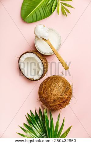 Coconut Oil, Tropical Leaves And Fresh Coconuts, Flat Lay, Healthy Life Concept