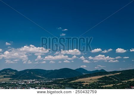 A Bautiful Sky With Small Clouds And With Village Strecno In Slovakia Lands