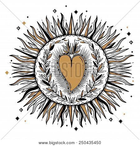 Sketch Graphic Illustration Beautiful Sun With Mystic And Occult Hand Drawn Symbols. Vector Illustra