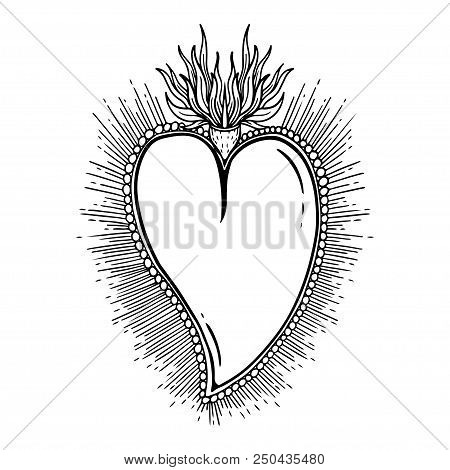 Sketch Graphic Illustration Beautiful Heart With Mystic And Occult Hand Drawn Symbols. Vector Illust