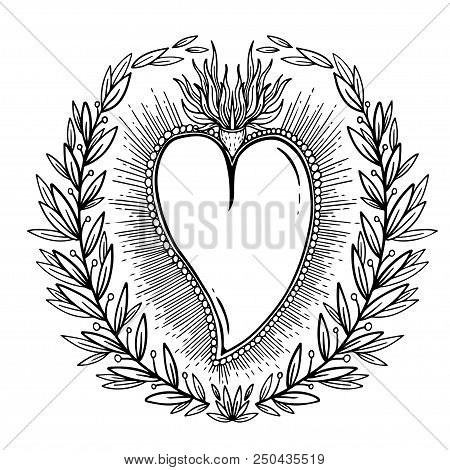 Sketch Graphic Illustration Beautiful Heart With Mystic And Occult Hand Drawn Symbols. Vector Illust