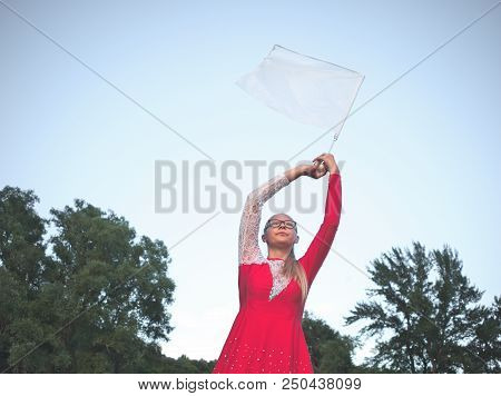 Teen Majorette Girl With White Flag