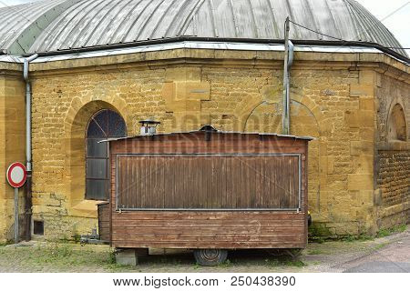 Closed Wooden Mobile Snack Trailer In Northern France. A Baraque à Frites Is A Traditional Kiosk Ser