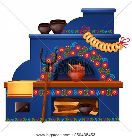 Russian Oven With Firewood Isolated On White Background. Vector Cartoon Close-up Illustration