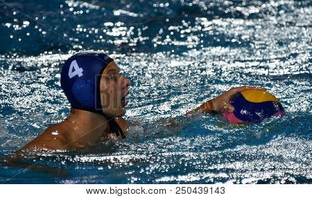Budapest, Hungary - Jul 27, 2017. Zalanki Gergo (4) Hungarian Waterpolo Player In The Semifinal. Fin