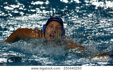 Budapest, Hungary - Jul 27, 2017. Zalanki Gergo (4) Hungarian Waterpolo Player In The Semifinal. Fin