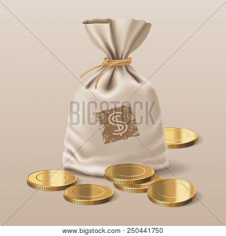 Bag With Realistic Golden Coins Vector Illustration. Design Element, Clipart With Sack Full Of Metal