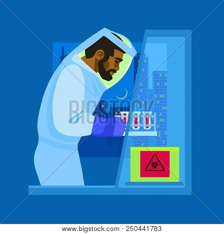 Scientist Is Holding Blood Test Samples A Man In Biological Protective Suit Working With Bio Hazardo