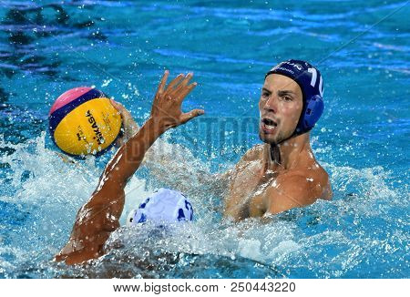 Budapest, Hungary - Jul 27, 2017.  Varga Denes (10) Hungarian Waterpolo Player In The Semifinal. Fin