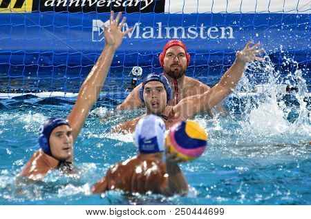 Budapest, Hungary - Jul 27, 2017. Nagy Viktor (1), Erdelyi Balazs (9) And Vamos Marton (5) Defend Ag