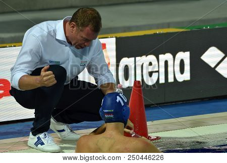 Budapest, Hungary - Jul 27, 2017. Marcz Tamas, Head Coach Of Hungary Men Waterpolo Team Talking To V