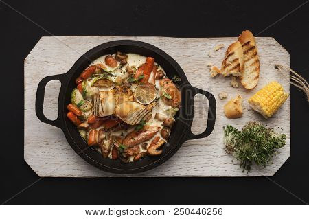 Indian Spicy Carry In Cast Iron Pan. Healthy Restaurant Stew, Top View